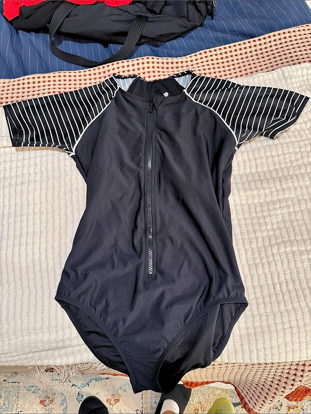 All In Motion Black & White Striped One-Piece Swimsuit